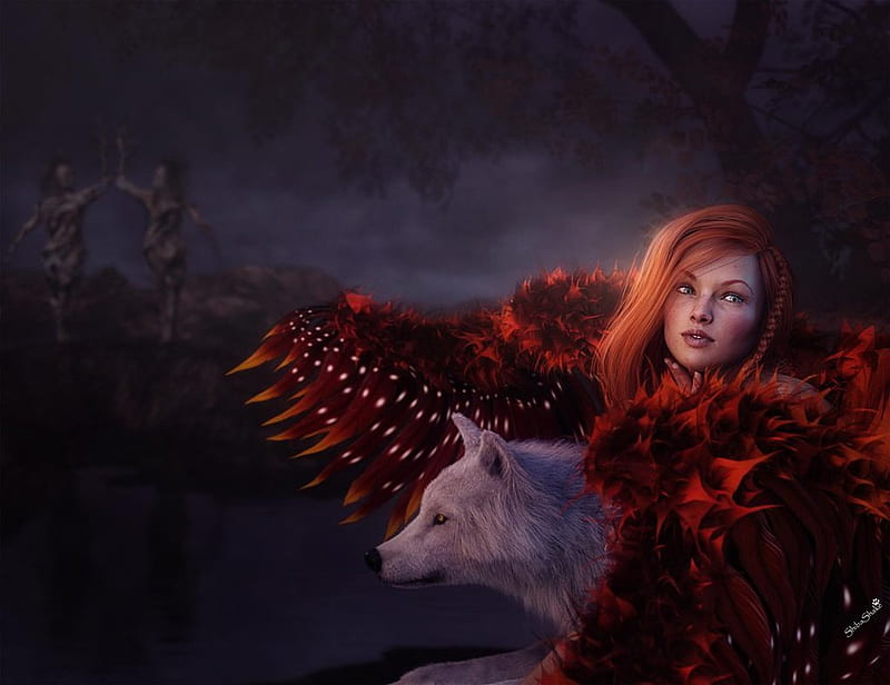 Girl with wings and wolf, red, wings, luminos, redhead, fantasy, girl, lup, anima, shibashake, wolf, night, HD wallpaper