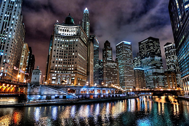 chicago estados unidos, water, usa, chicago, lights, HD wallpaper
