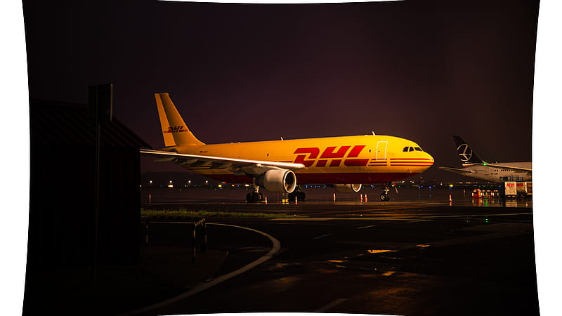 Dhl plane, aircraft, airplane, airport, aviation, cargo, dhl, handling, night, plane, transport, HD wallpaper