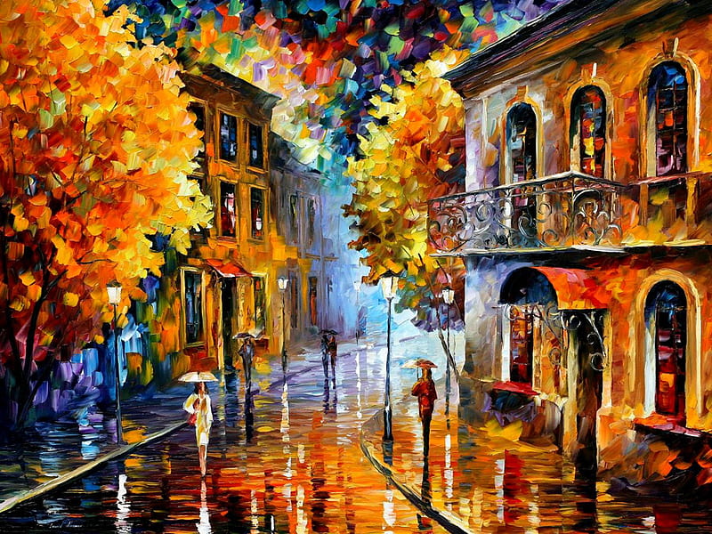 Autumn Village, autumn, people, buildings, walking, colour, street wet, rain, trees, HD wallpaper