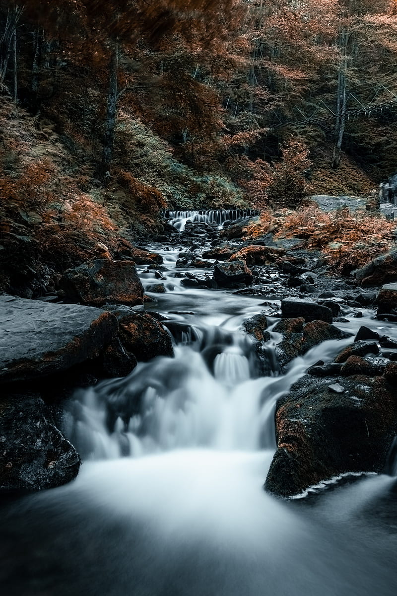 waterfall, stones, rocks, stream, trees, HD phone wallpaper