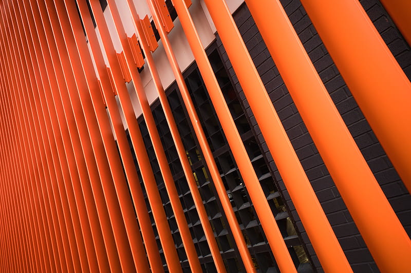 building, facade, architecture, stripes, orange, HD wallpaper