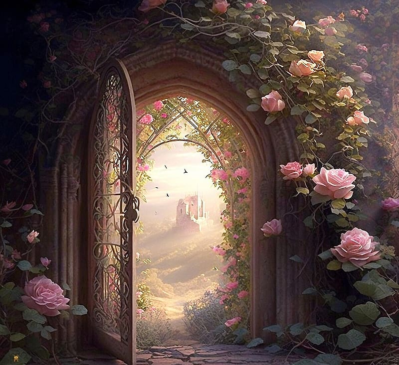 Doorway, rose, fantasy, flower, world, garden, marion marino, link, HD wallpaper