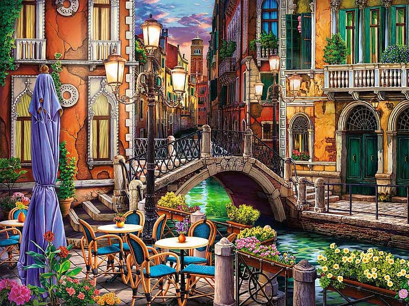 Venice Twilight, houses, artwork, boat, restaurant, canal, painting, bridge, HD wallpaper