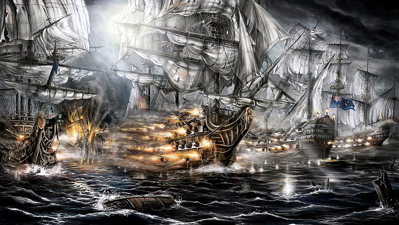 Battle, guerra, ship, ocean, HD wallpaper