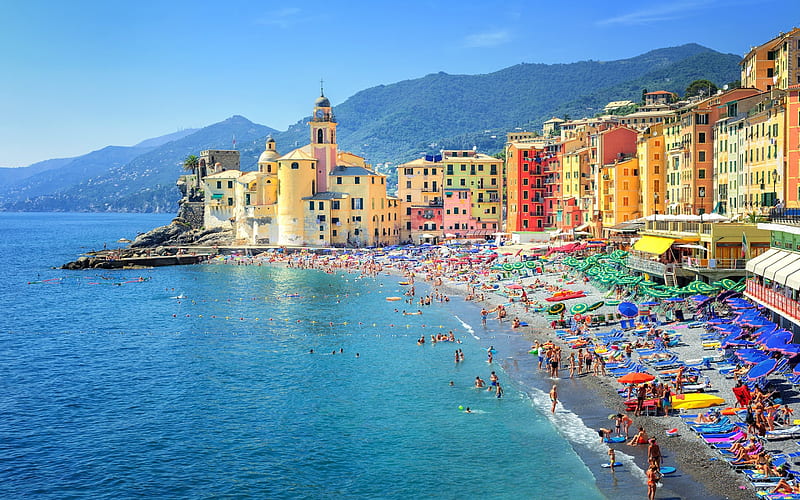 Camogli, Genoa, Summer, beach, resort, tourism, mountains, Italy, HD wallpaper