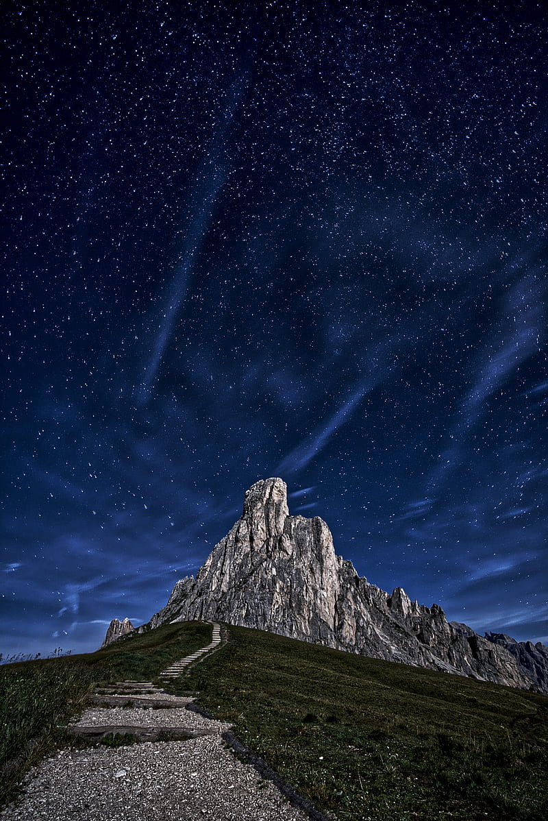 mountain, rock, path, night, starry sky, HD phone wallpaper