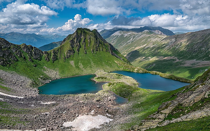 Zagedan Lakes, Russia, clouds, lakes, mountains, Russia, Caucasus, HD wallpaper