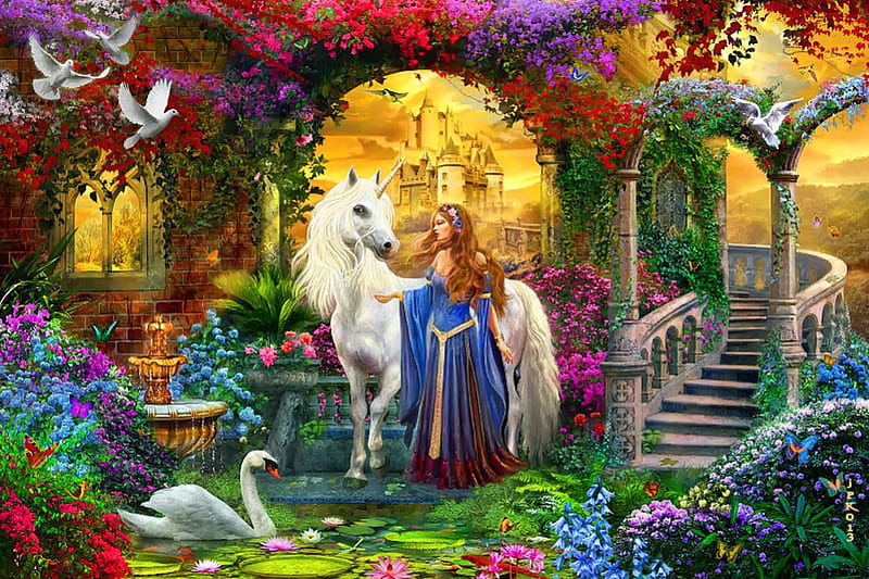 Princess and unicorn, fairytale, bonito, magic, swan, fantasy, doves, unicord, painting, flowers, enchanted, art, lovely, horse, pond, paradise, arch, garden, princess, HD wallpaper