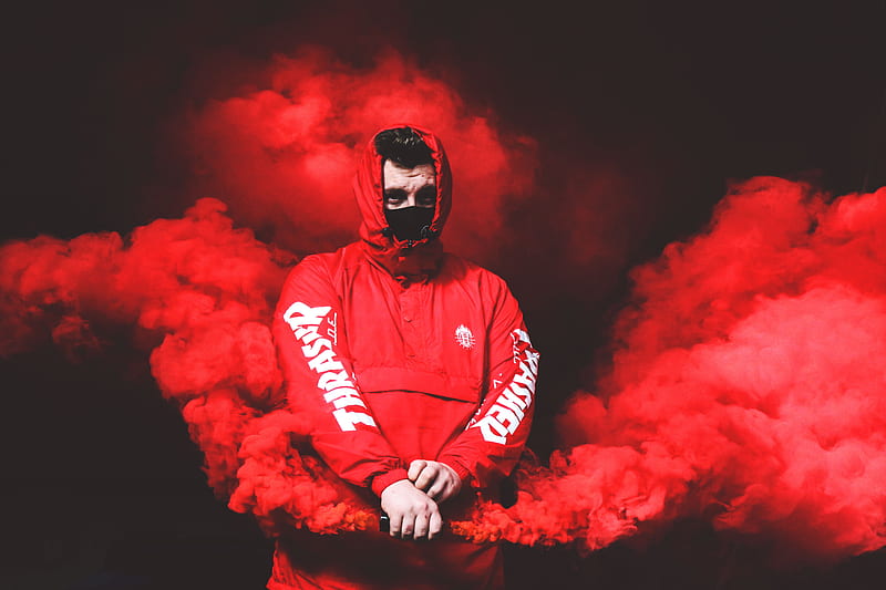 man, mask, hood, smoke, red, HD wallpaper