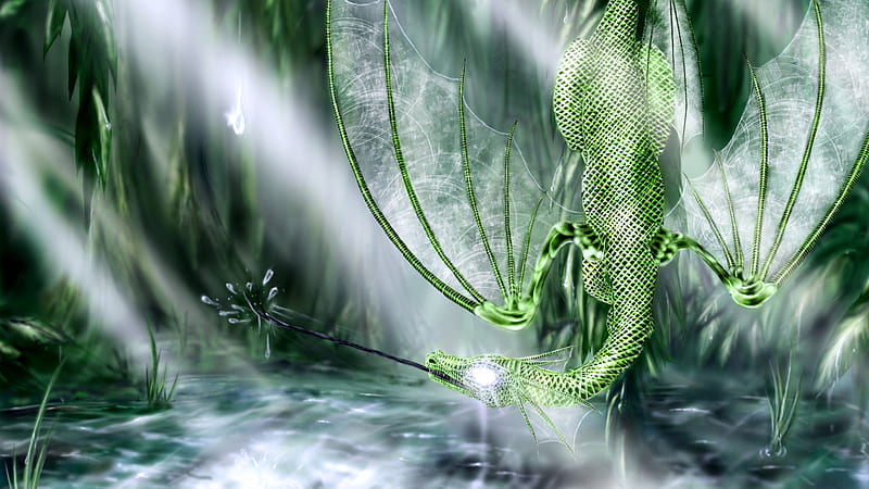 Crystal Thirst, forest, upside down, wings, glow, dart, dragon, tongue, fantasy, cool, green, freaky, graceful, thirst, HD wallpaper