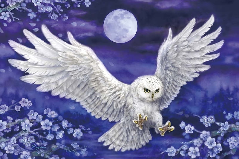 Snowy owl, owl, art, wings, moon, luminos, pasare, spring, blossom, fantasy, moon, bufnita, bird, flower, white, blue, HD wallpaper