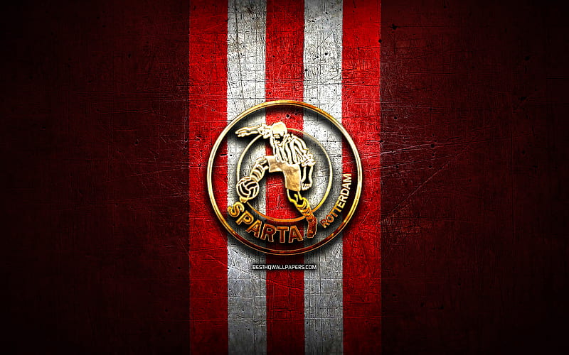Sparta Rotterdam FC, golden logo, Eredivisie, red metal background, football, Sparta Rotterdam, Dutch football club, Sparta Rotterdam logo, soccer, Netherlands, HD wallpaper
