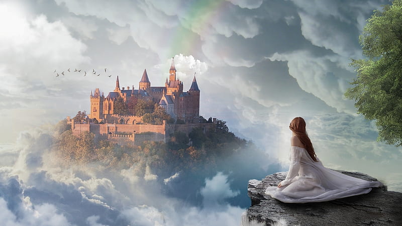 Girl Looking at the Castle, art, rock, houses, birds, sky, clouds, fantasy, girl, mountains, castle, HD wallpaper