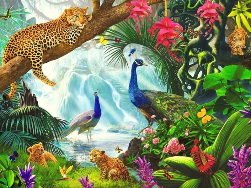 Animals Paradise, lovely, paradise, painting, birds, flowers, wildlife, trees, animals, HD wallpaper