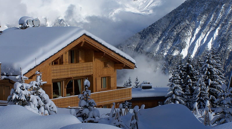 chalet in deep snow, mountain, chalet, clouds, winter, HD wallpaper