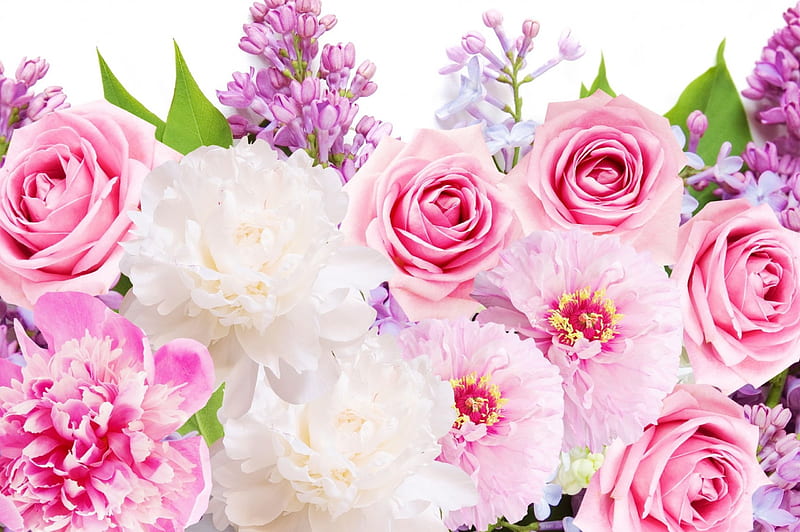 Flower Mix, blossoms, peony, roses, lilacs, HD wallpaper