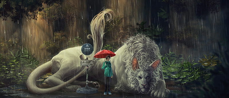 Matt and the dragon, dragon, fantasy, boy, kaithzer morejon, umbrella, matt, rain, HD wallpaper