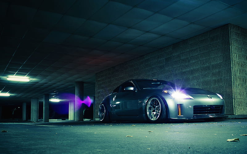 Nissan 350z tuning, night, supercars, stance, silver 350z, Nissan, HD wallpaper