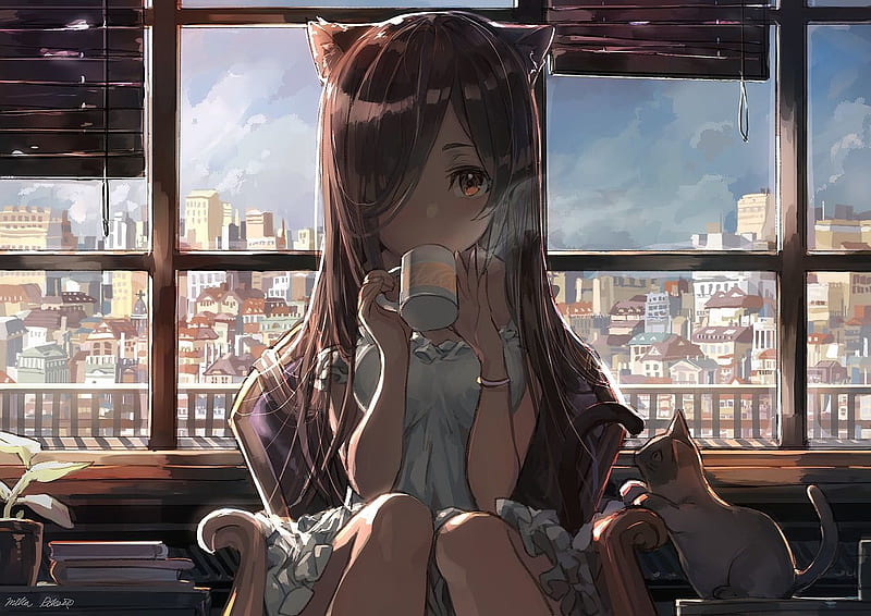 brown haired girl drinking coffee animated character #anime #nekomimi #cat anime girls brown eyes #city. anime , Anime , Cat girl, HD wallpaper