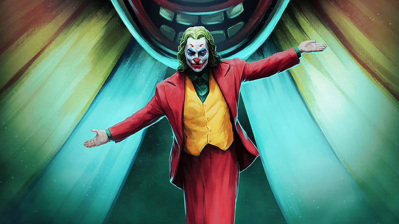 Joker Joaquin Phoenix Wearing Red And Yellow Dress With Background Of Painting Joker, HD wallpaper