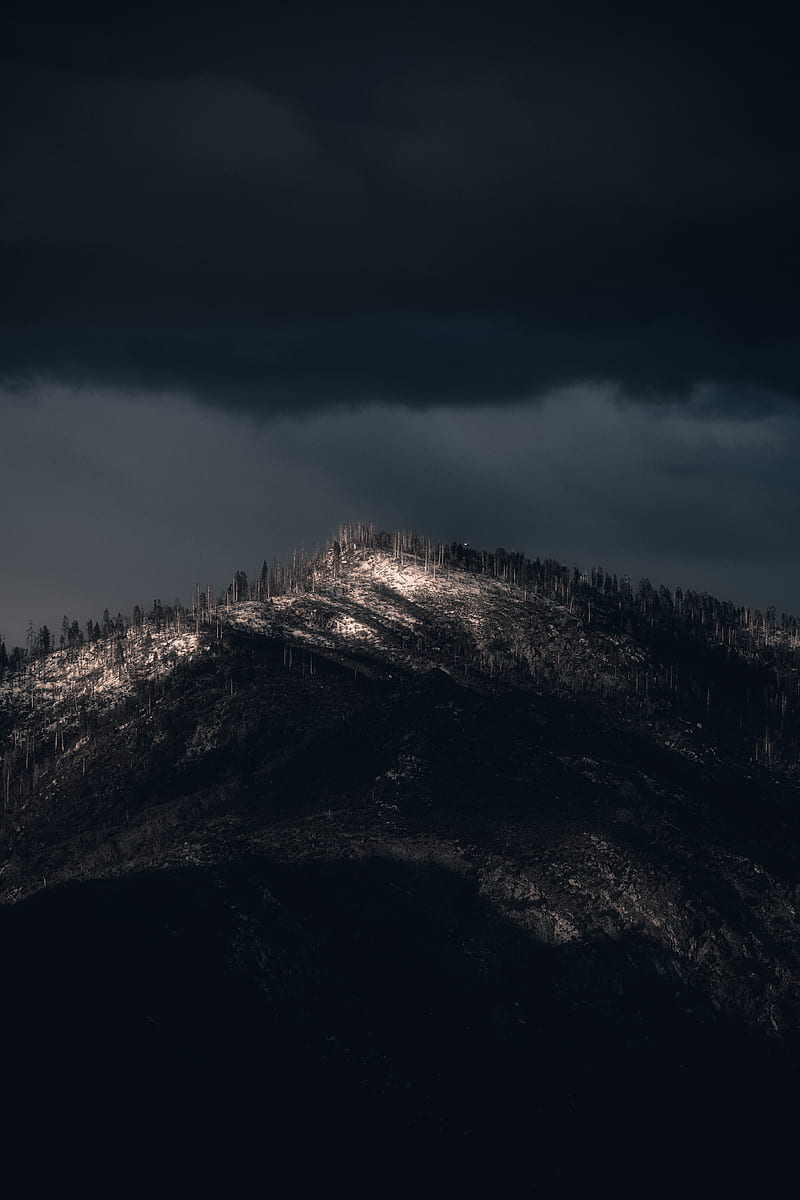 mountain, peak, trees, darkness, dark, HD phone wallpaper