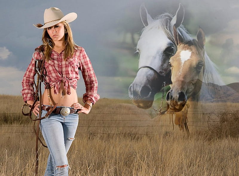 Her's runaway horses, country, cowgirl, horses, hat, HD wallpaper