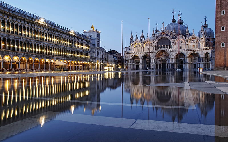 St Marks Basilica, Venice, St Mark's Square, evening, sunset, Piazza San Marco, landmark, Venice cityscape, Italy, HD wallpaper