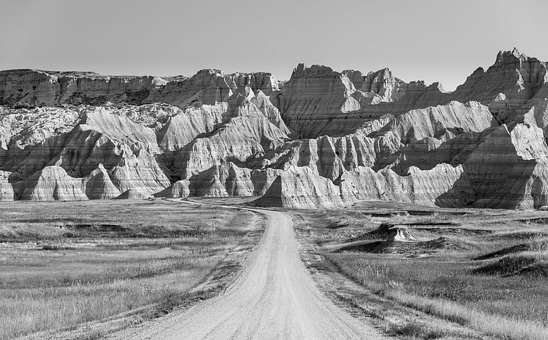 Road to Badlands National Park, Black and White Ultra, Black and White, Travel, Nature, Landscape, Desert, Scenery, Road, Mountains, Park, Rocks, America, Formation, Outdoor, Outdoors, Scenic, Hills, Eroded, Badlands, Sandstone, Dakota, Outside, Natural, canon, Destination, blackandwhite, geology, badlandsnationalpark, soutakota, geological, nationalpark, erosion, horizontal, dirtroad, canoneos5dsr, 5dsr, lakota, HD wallpaper