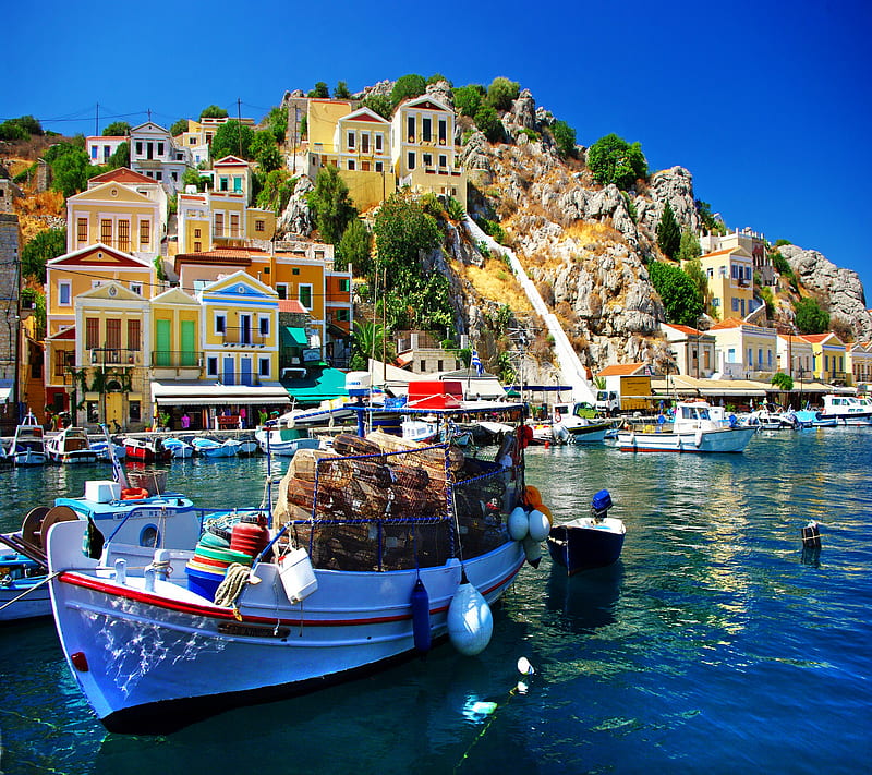 Beautiful Greece, water boat blue sky, HD wallpaper