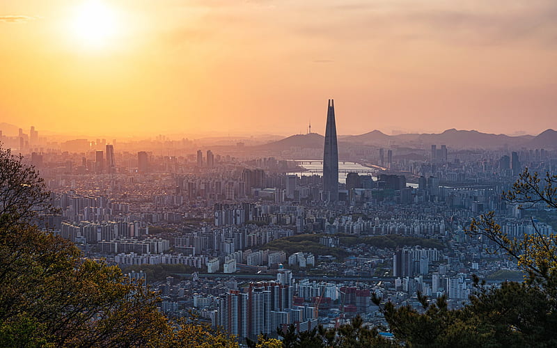 Lotte World Tower, Seoul, evening, sunset, skyscrapers, cityscape, Seoul skyline, South Korea, Gyeonggi, HD wallpaper