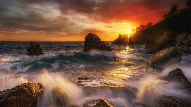 Lloret de Mar, Costa Brava, Spain, sky, rocks, clouds, coast, mediterranean, sea, colors, HD wallpaper