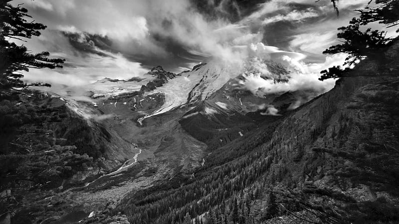 Black and White Mountain, mountain, forest, black, river, white, clouds, HD wallpaper