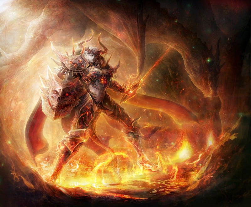 Fire Beast Warrior, tail, shield, sexy, horns, armor, fire, breasts, cool, warrior, hot, monster, demon girl, sword, HD wallpaper