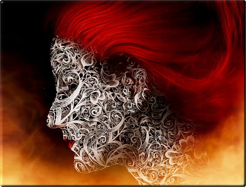 FACE DESIGN, art, fine, desenho, red hair, fantasy, contour, lines, face, lady, HD wallpaper