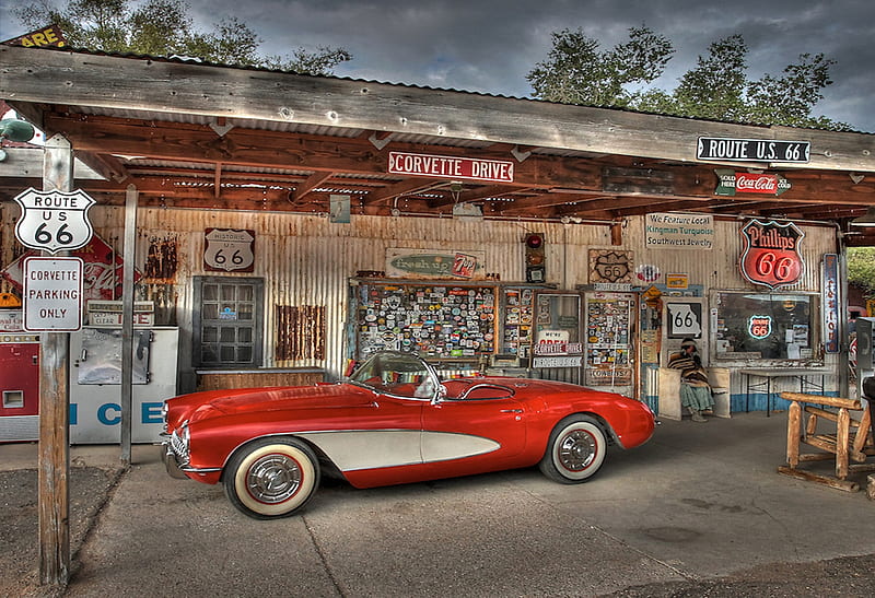 Corvette Drive, red, route 66, corvette, car, sports car, chevy, vintage, fast, HD wallpaper