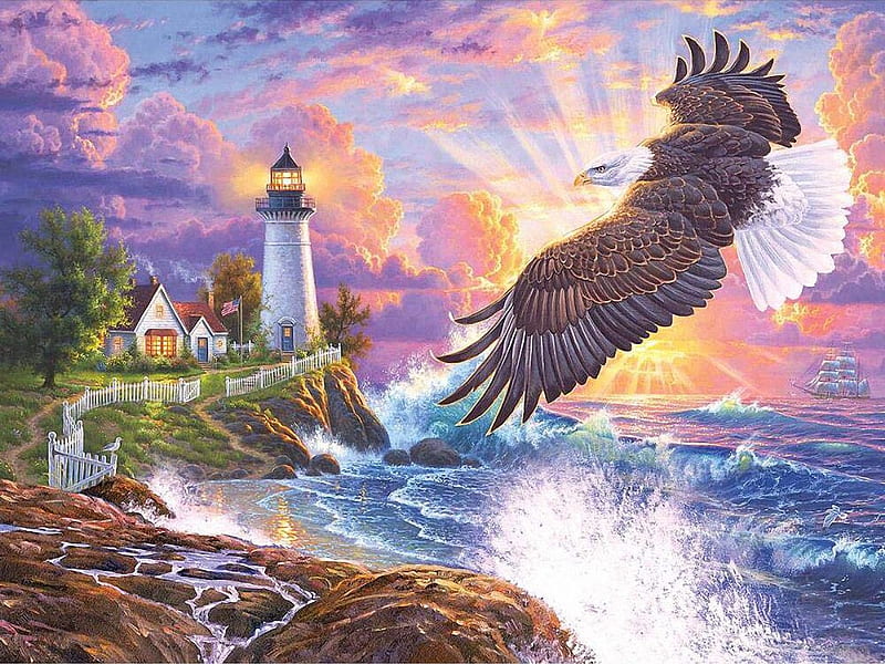 Guiding Lights, cottage, painting, eagle, cliff, sky, lighthouse, sea, artwork, HD wallpaper