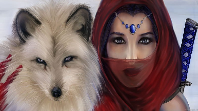 women warrior and friend, bonito, wolf, gorgeous, women, HD wallpaper