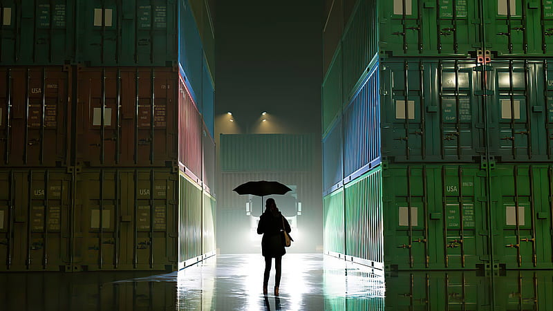 Rainy Night , rain, umbrella, artist, artwork, digital-art, HD wallpaper