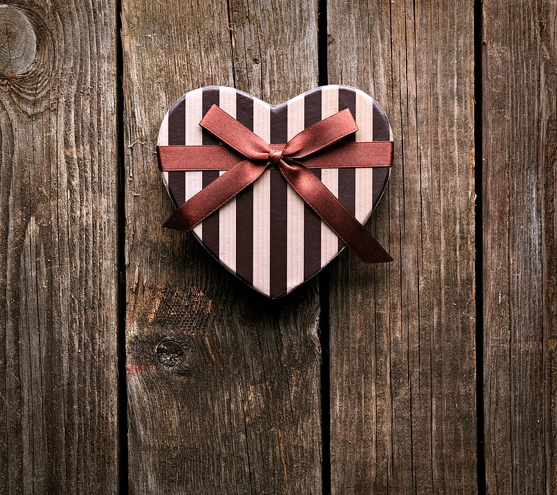 Heart, bow, chocolates, love, romantic, wood, HD wallpaper