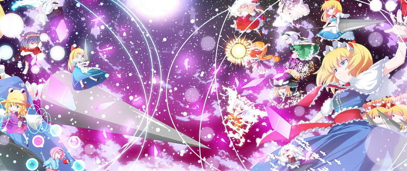 ~Touhou Battle~, weapons, battle, anime, touhou, magic, girls, sky, night, HD wallpaper