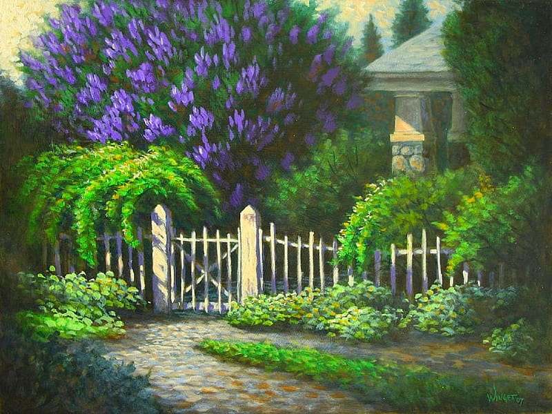 Lilac Gate, lilac, gate, draw and paint, houses, love four seasons, home, spring, attractions in dreams, paintings, walkway, summer, HD wallpaper