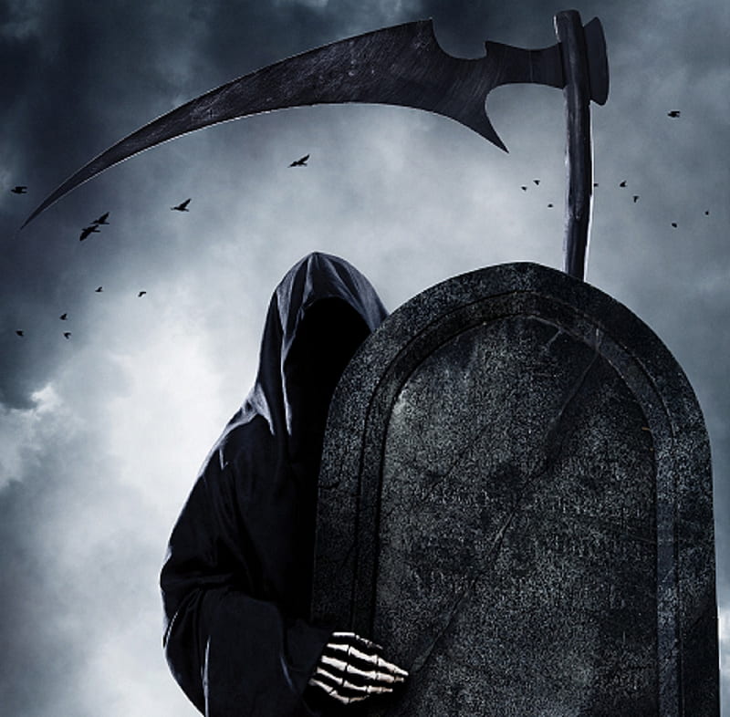 Reaper, hood, death, gravestone, abstract, fingers, artwork, fantasy, scythe, dark, cloak, grim, personification, bones, HD wallpaper