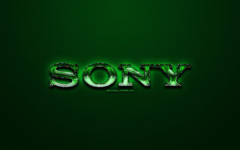 Sony green logo, green vintage background, artwork, Sony, brands, Sony glass logo, creative, Sony logo, HD wallpaper