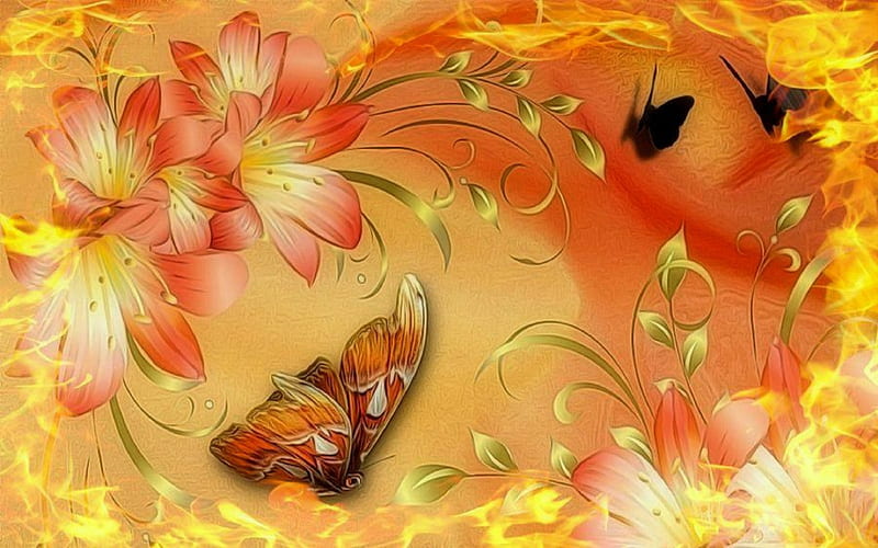 ❀Flying on Fireplace❀, orange, yellow, softness beauty, bonito, digital art, seasons, fireplace, bright, flowers, butterfly designs, vector arts, animals, lovely, colors, love four seasons, lilies, creative pre-made, butterflies, spring, flying, summer, HD wallpaper