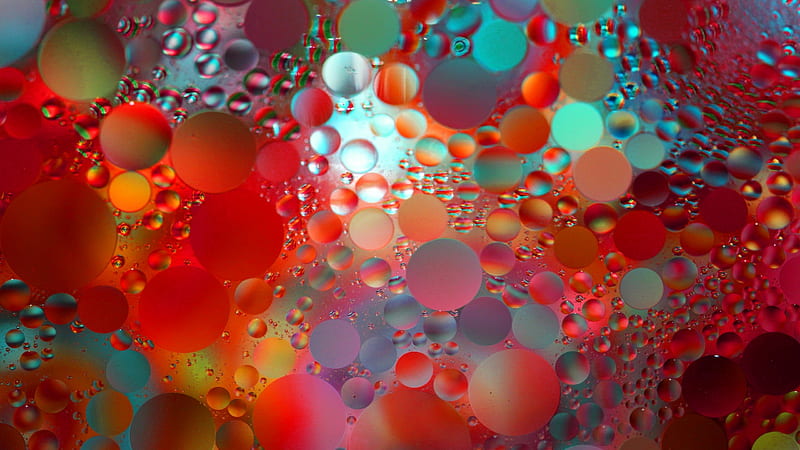 Oil drops in water, red, glass, water, oil, green, texture, drops, blue, HD wallpaper