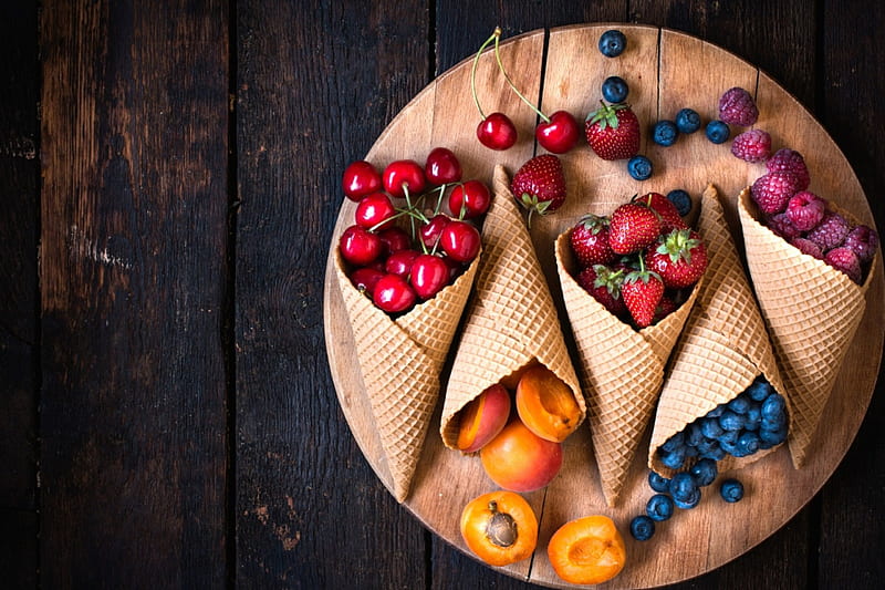 Enjoy!, red, strawberry, yellow, fruit, berry, blueberry, apricot, raspberry, cherry, HD wallpaper