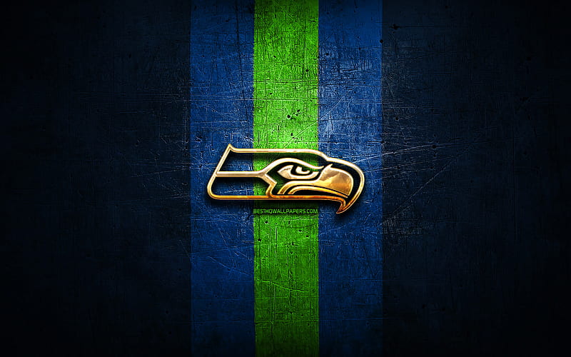 Seattle Seahawks, golden logo, NFL, blue metal background, american football club, Seattle Seahawks logo, american football, USA, HD wallpaper