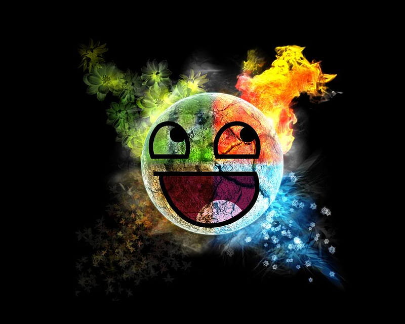 Awesome smiley elements, fire, water, rock, awsome, smiley, earth, elements, HD wallpaper