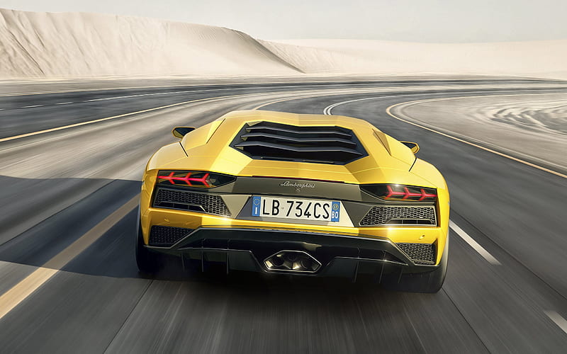 Lamborghini Aventador S, 2017, rear view, road, speed, yellow Aventador, HD wallpaper